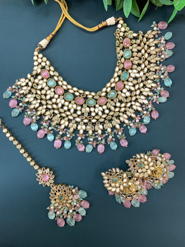 Leena mirror necklacr  set with matching jhunki and tikka pastel multi