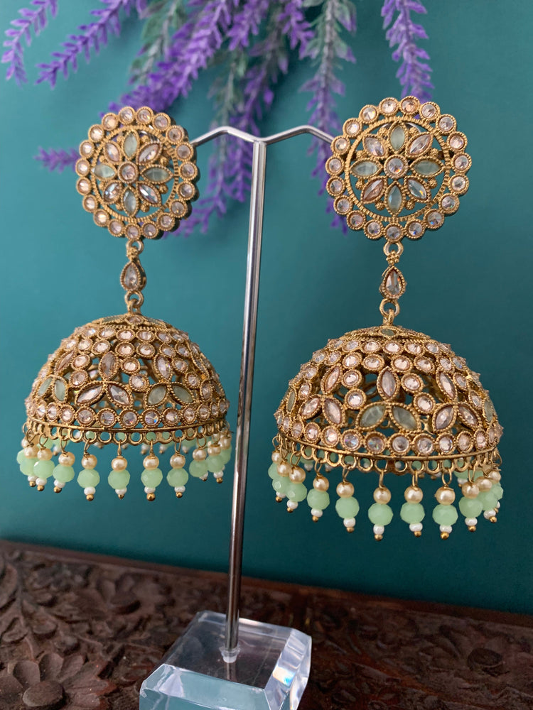 Rashi polki statement jhumki earring antique polki/ white pearl /pistachio green