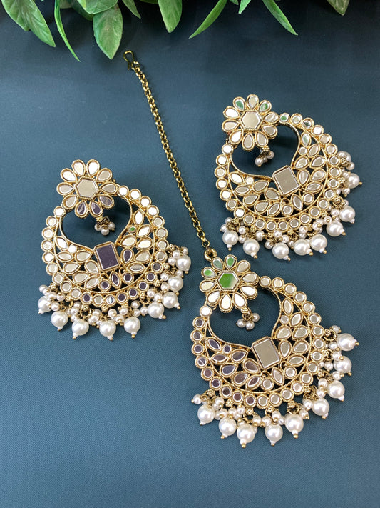 Judy chandbali mirror Tikka set gold / pearl / white