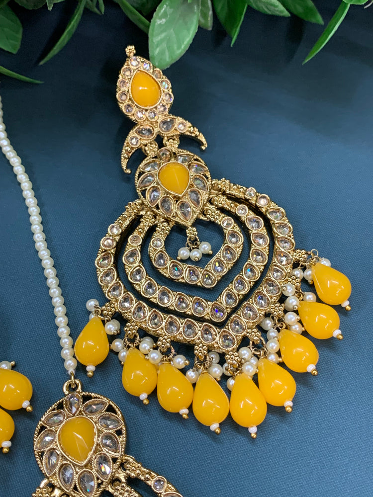 Tara polki Chandbali earring with matching tikka mustard yellow