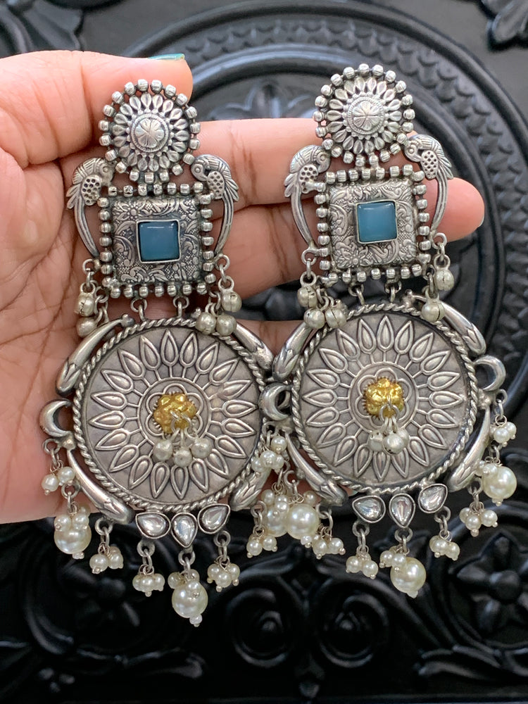 Mahi black metal oxi chandbali earring light blue