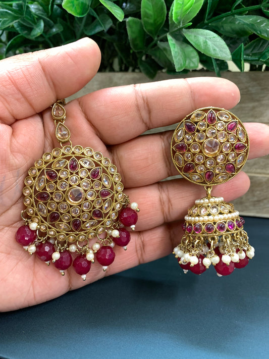 Lori Antique polki gold jhumki tikka multi maroon black red/ burgundy