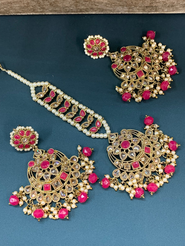 Aarti tikka set polki earring tikka magenta pink