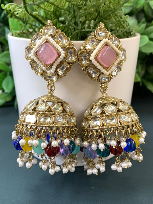 Gauri kundan jhumki/ jhumka earring pastel pink / multi