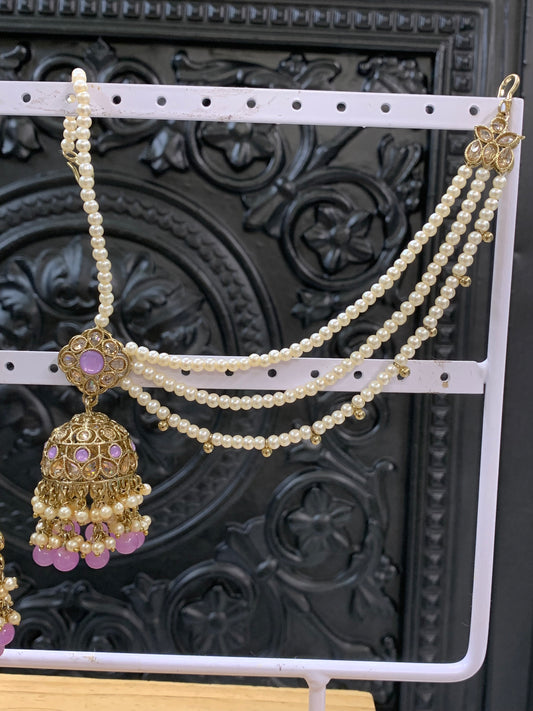 Shana triple layer bahubali sahare jhumki ear chain and matching tikka antique gold /lavender