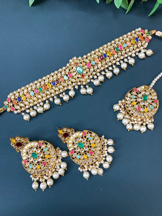 Tessa kundan choker set with matching chandbali and tikka multi