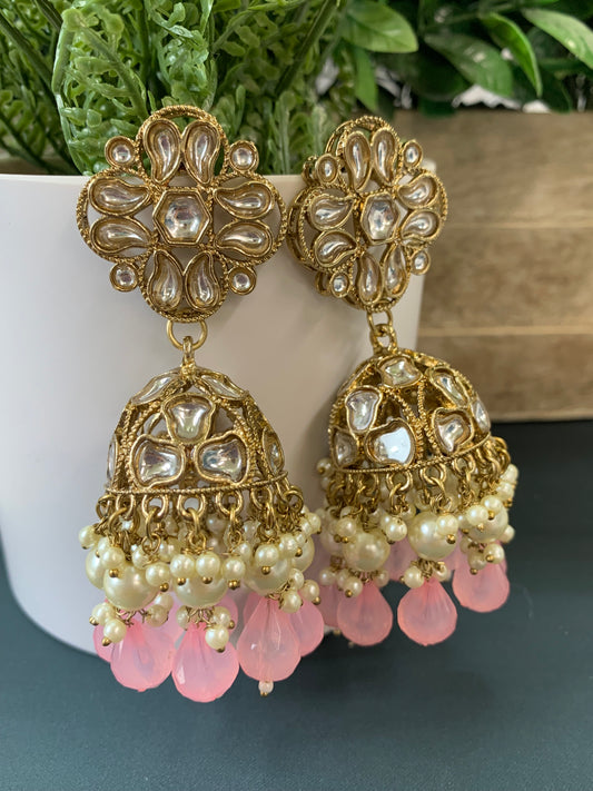 Dia kundan jhumki/ jhumka earring light pink