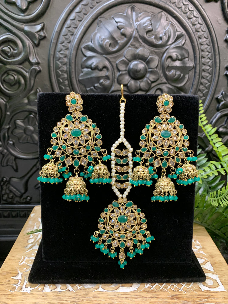 Kiana polki triple jhumki Chandbali style earring with matching tikka emerald green