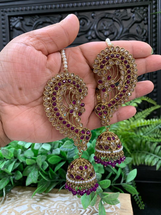 Jacklyn over the ear earring tikka jhumki sahare set purple