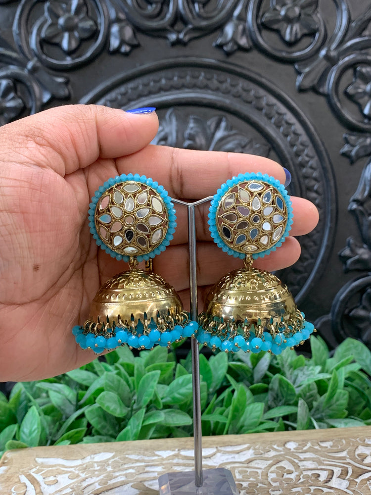 Kerry mirror jhumki tikka antique gold /phirozi blue