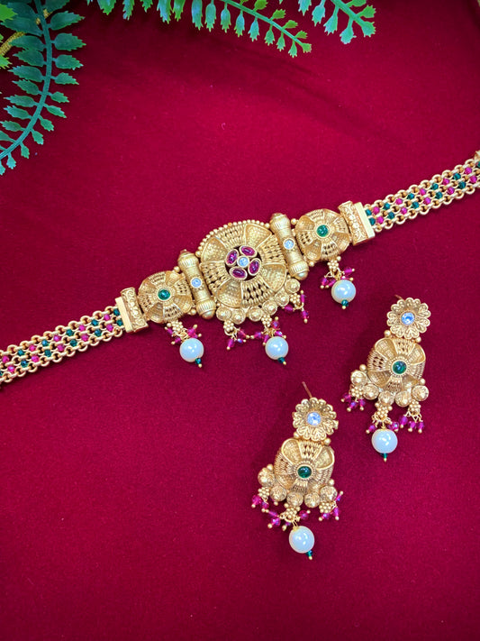 Temple choker necklace with matching earring