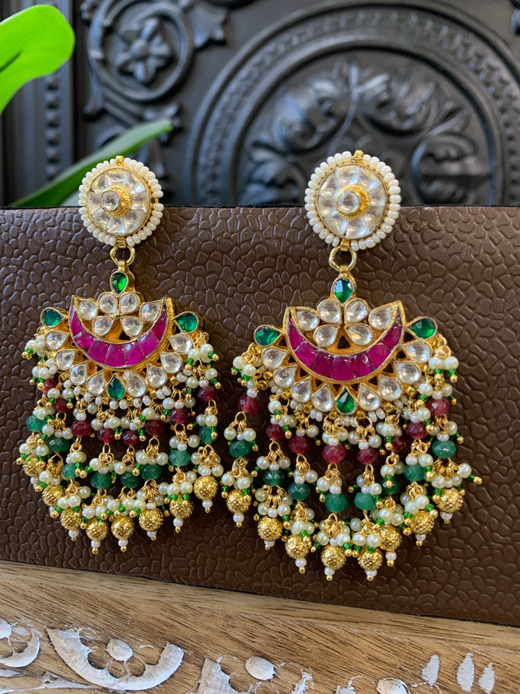 Leslie pachi Kundan chandbali earring small to medium size red and green multi