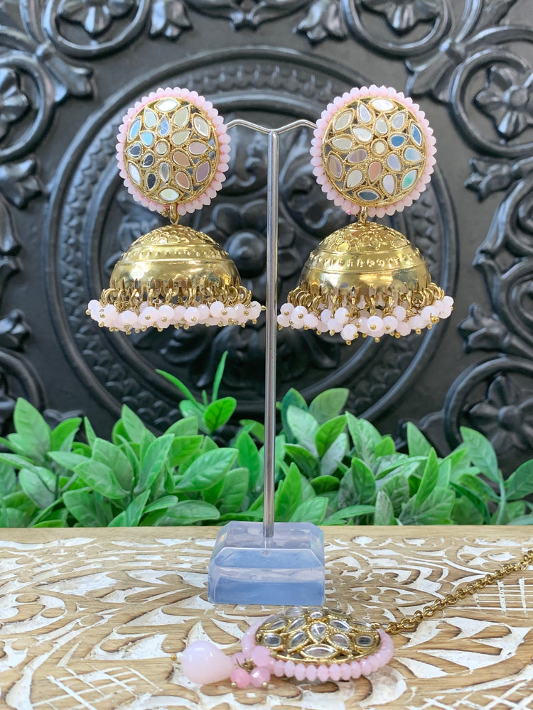 Kerry mirror jhumki tikka antique gold and blush pink