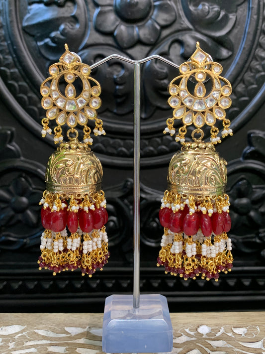 Bella moissanite kundan jhumki earring maroon red