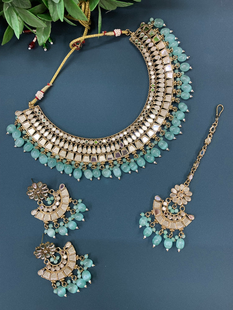 Shreya mirror necklace set with matching Chandbali antique mint