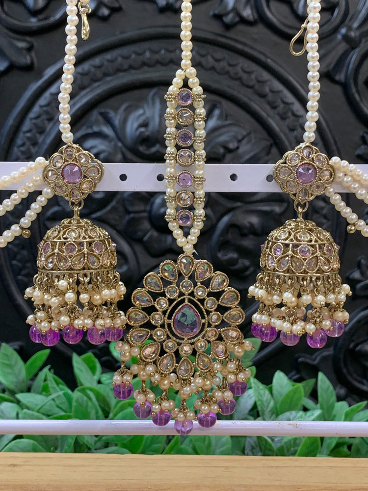 Shana triple layer bahubali sahare jhumki ear chain and matching tikka antique gold /lavender/ lilac