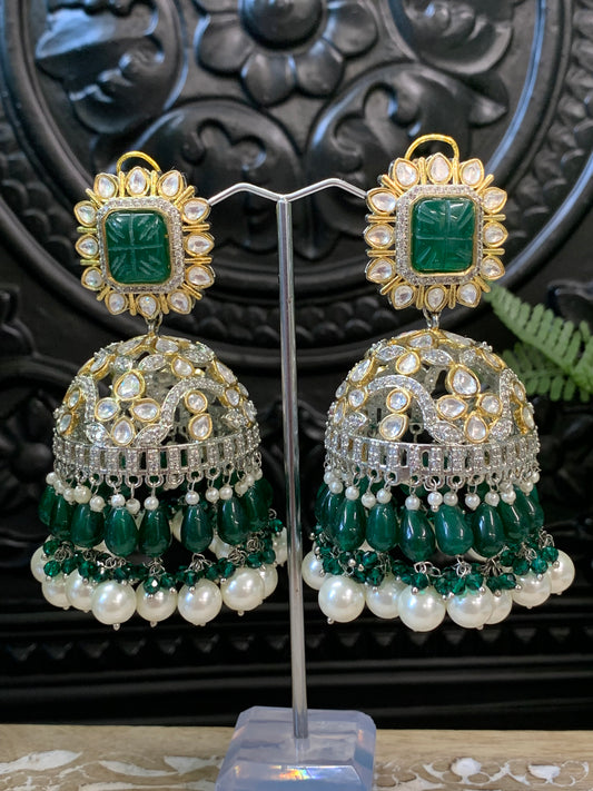 Meena kundan statement jhumka/jhumki earring green emerald