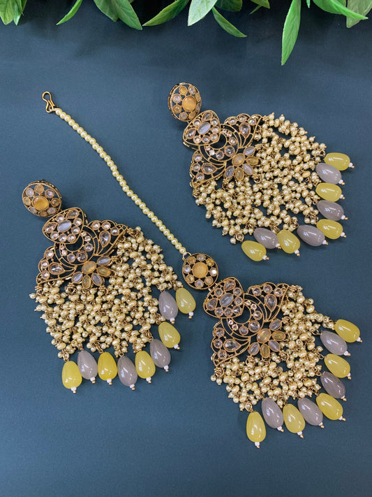 Cara statement polki earring tikka set pearl details and grey yellow multi