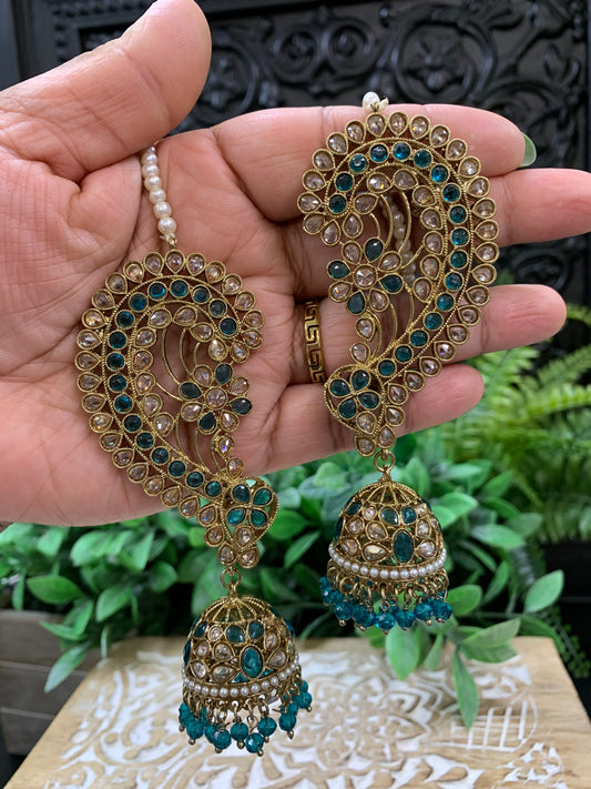 Jacklyn over the ear earring tikka jhumki sahare set peacock green teal