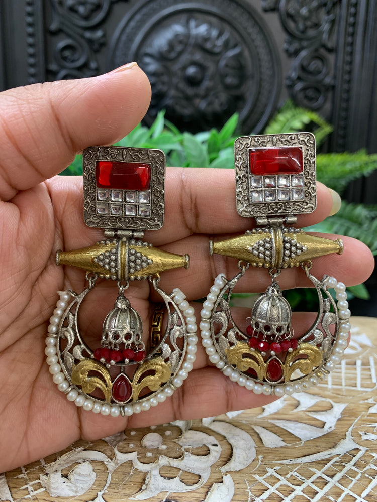 Taha dual tone chandbali style German silver earring cherry red