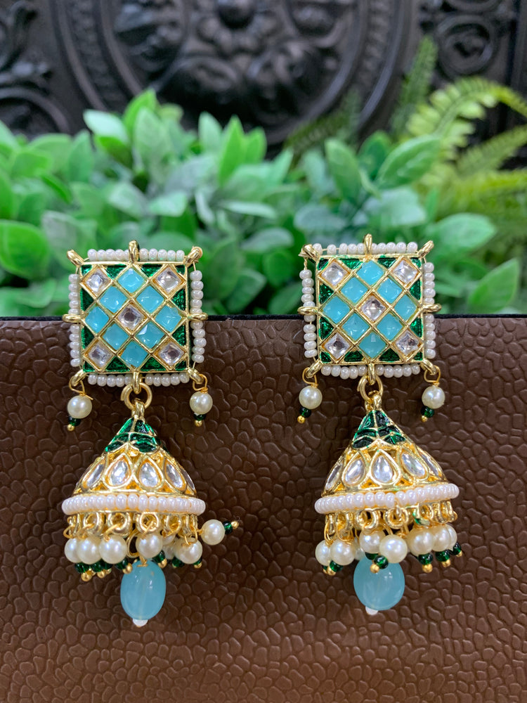 Saru kundan jhumki everyday wear small lightweight light blue