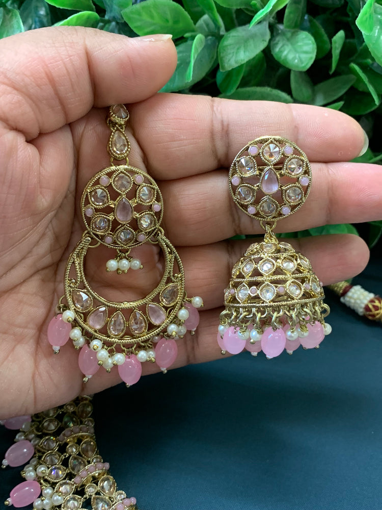 Allan polki necklace with jhumki tikka blush pink