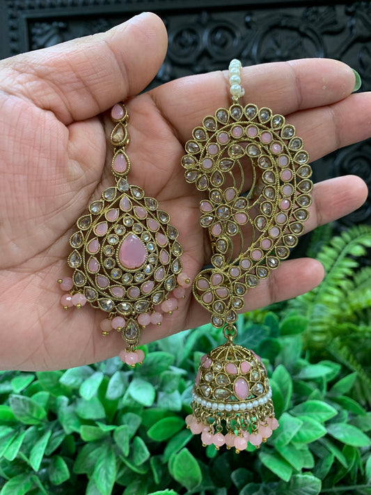 Jacklyn over the ear earring tikka jhumki sahare set pink