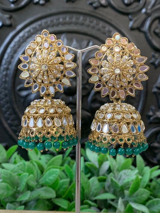 Dana mirror jhumki tikka antique gold and teal green