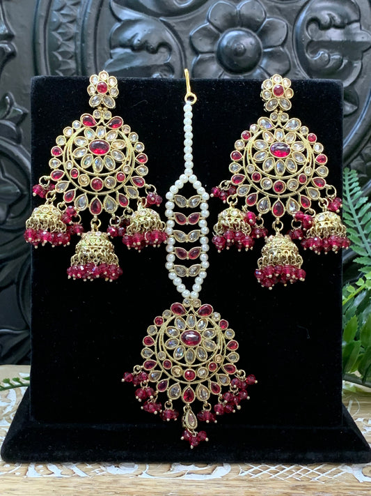 Kiana polki triple jhumki Chandbali style earring with matching tikka cherry red