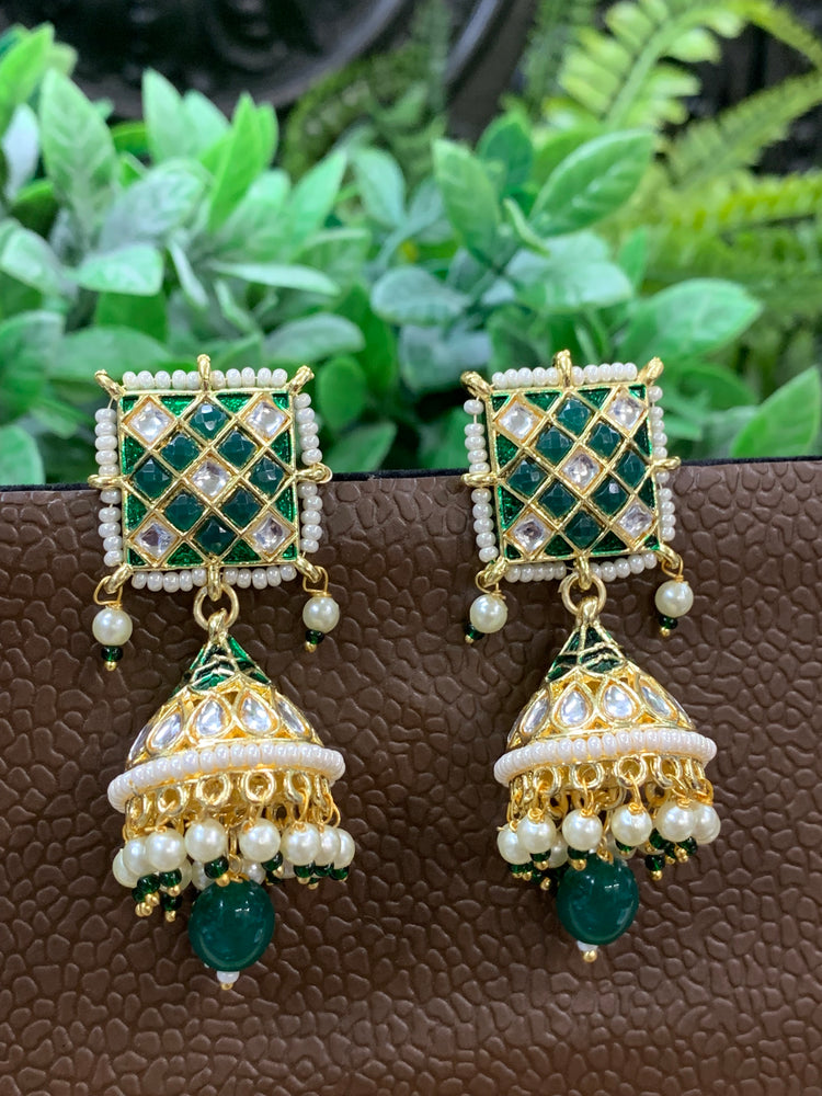 Saru kundan jhumki everyday wear small lightweight emerald green