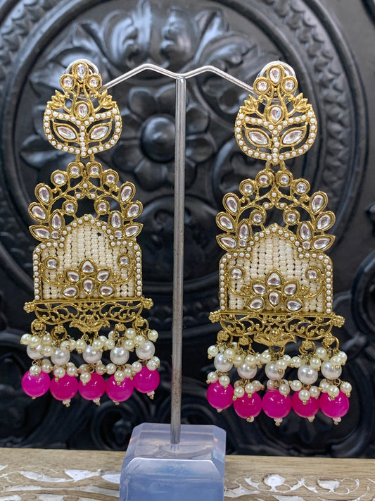 Alexa kundan statement earring white/gold/pearl/hot pink / magenta