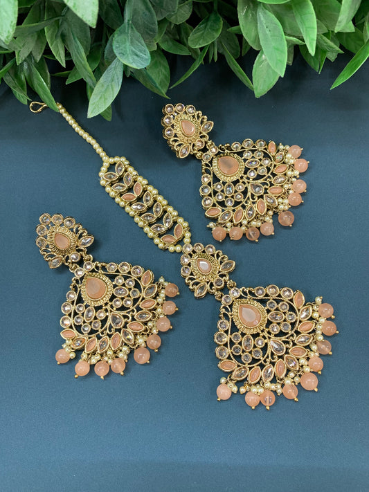 Ravina reverse polki earring tikka set with pearl and nude peach glass drop