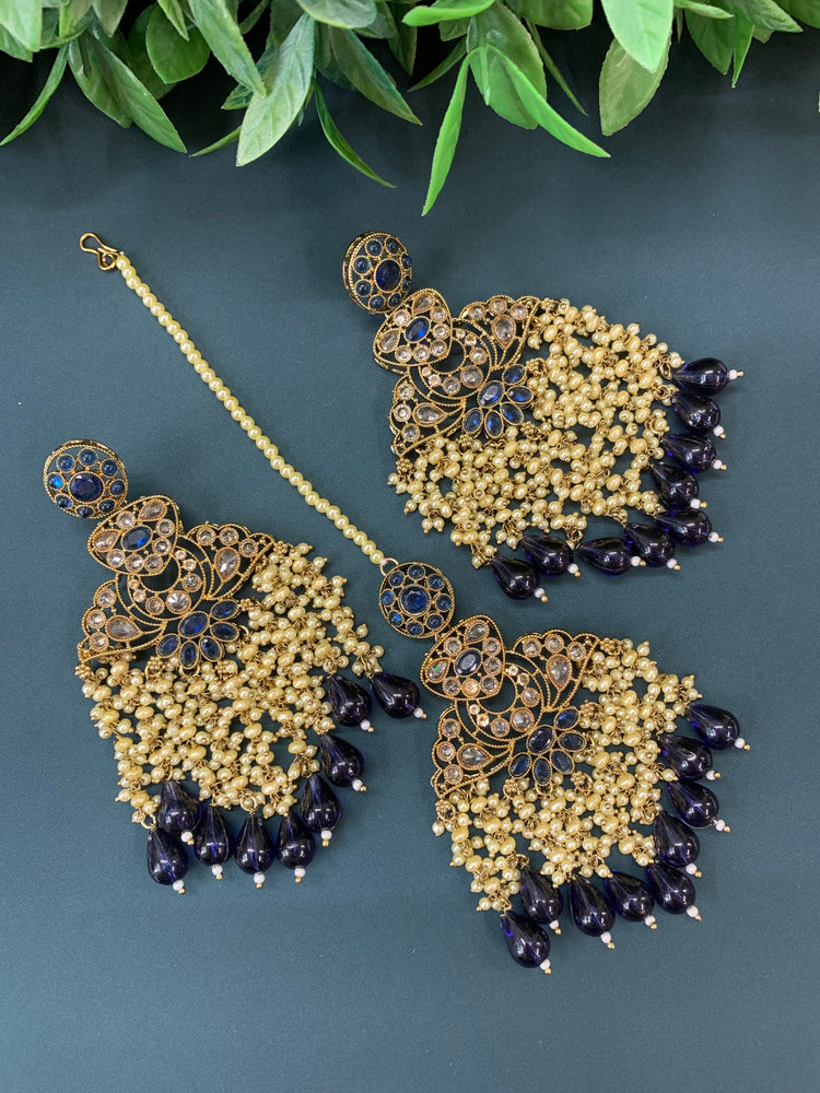 Cara statement polki earring tikka set pearl details and navy blue