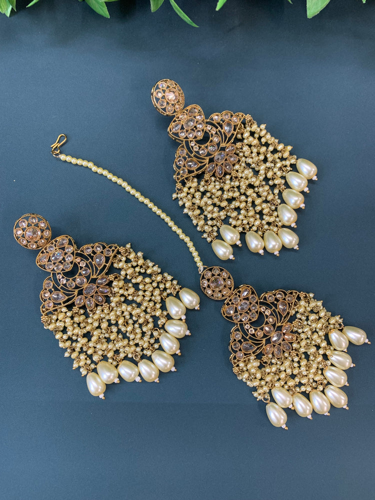 Cara statement polki earring tikka set pearl details and pearl / white / gold