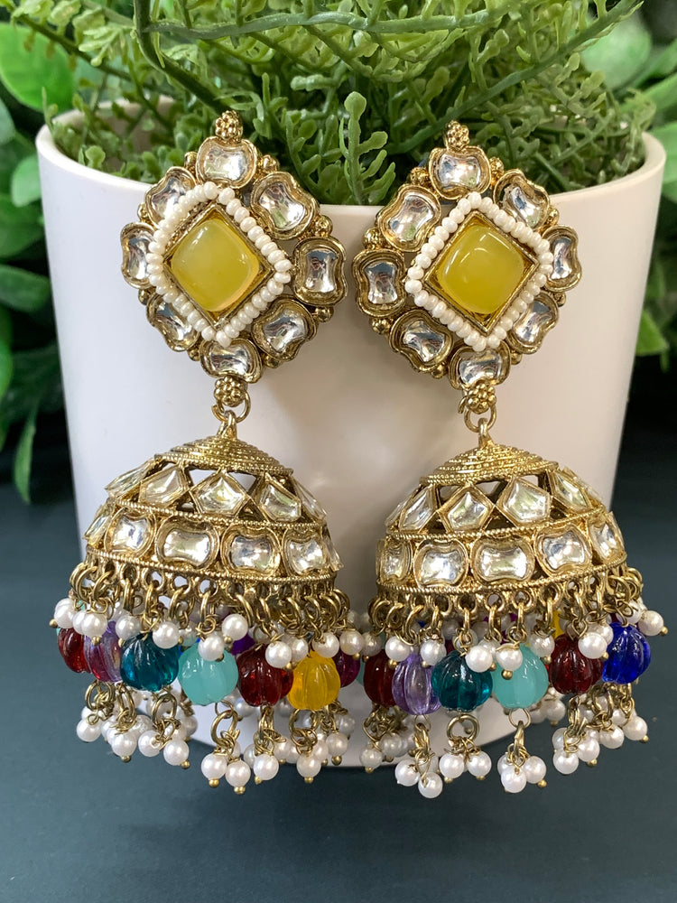 Gauri kundan jhumki/ jhumka earring pastel yellow / multi