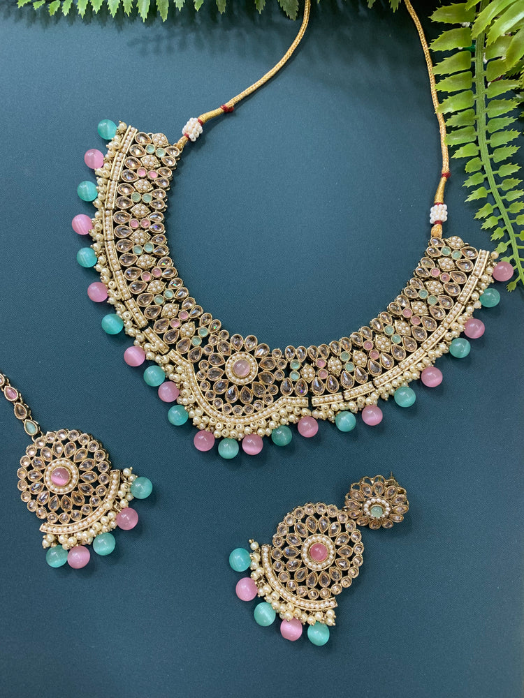 Boruna polki necklace with chandbali in pastel multi