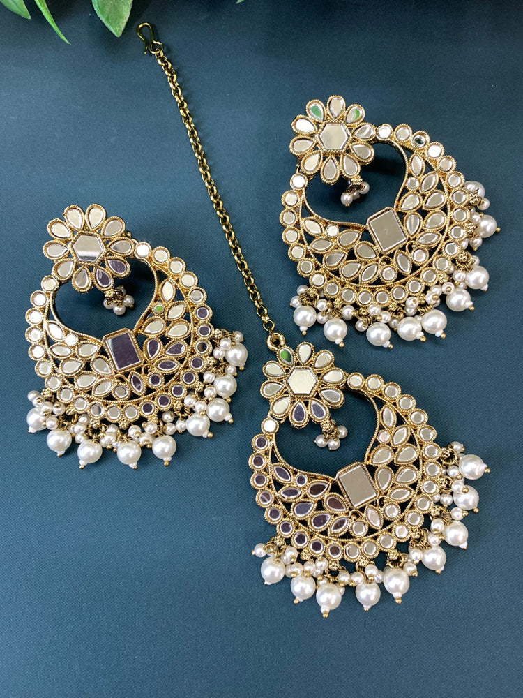 Judy chandbali mirror Tikka set gold / pearl / white