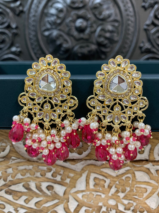 Joel gold kundan stud earring with magenta/ hot pink crystal