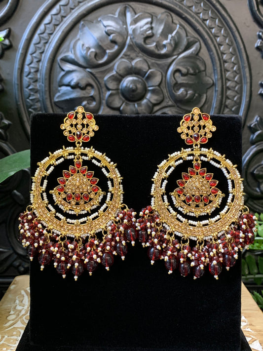 Laila Chandbali fashion statement earring gold base, maroon drops