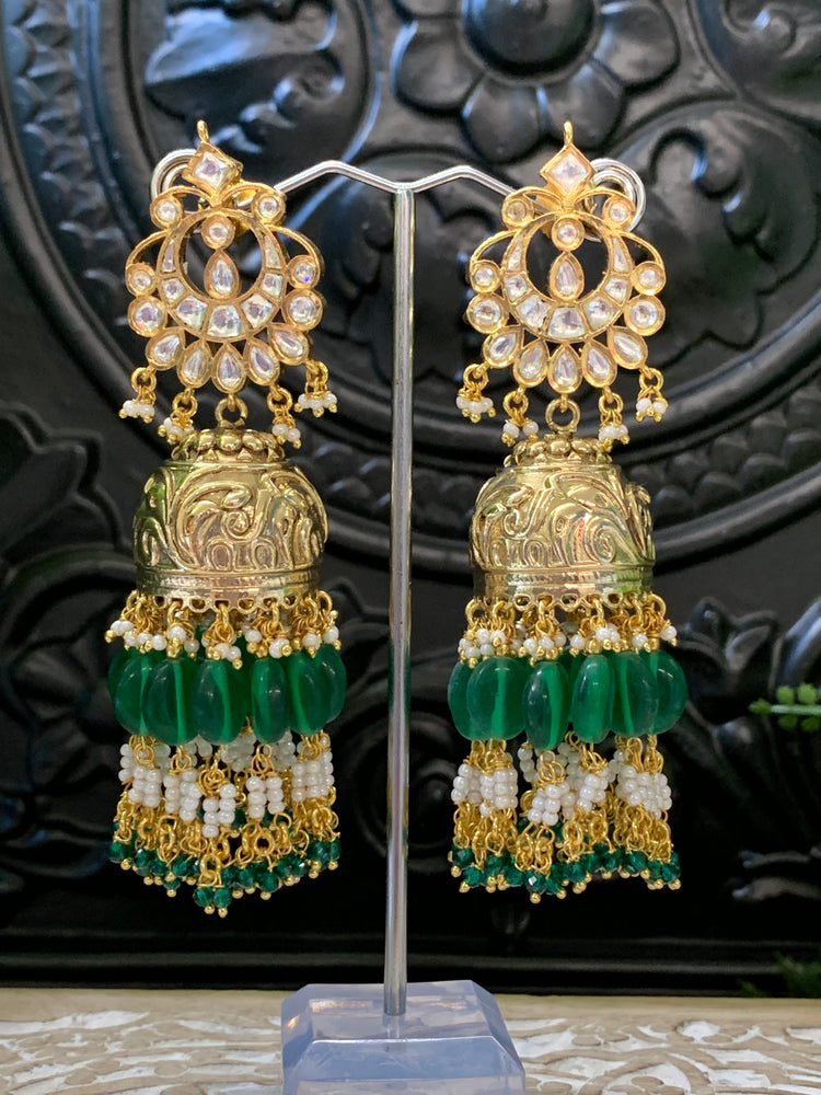 Bella moissanite kundan jhumki earring emerald green