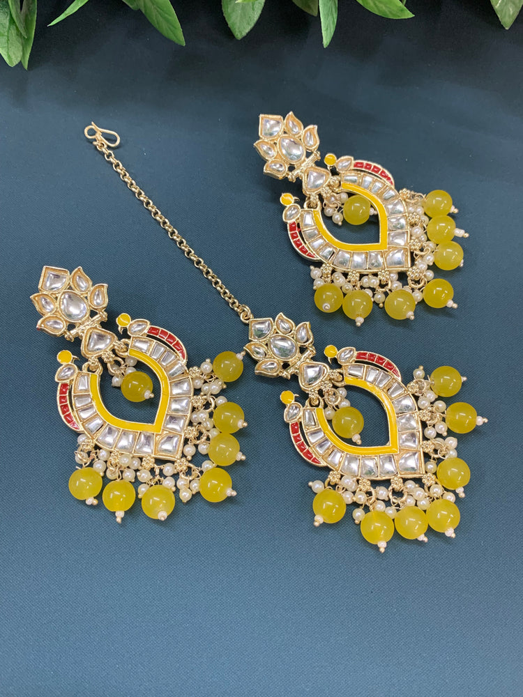 Amber kundan light weight earring tikka set pastel yellow