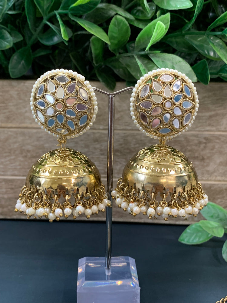 Kerry mirror jhumki tikka antique gold pearl