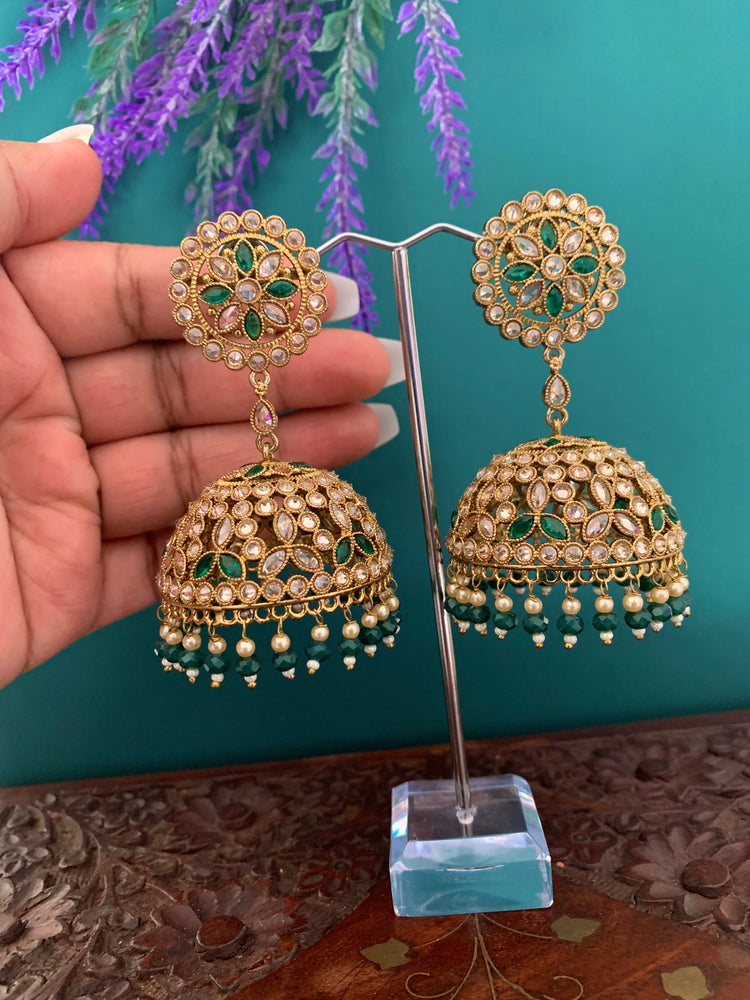 Rashi polki statement jhumki earring antique polki/ white pearl / emerald green