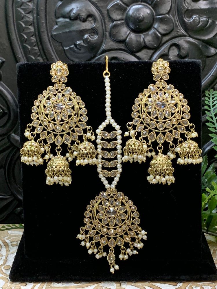 Kiana polki triple jhumki Chandbali style earring with matching tikka antique gold pearl white