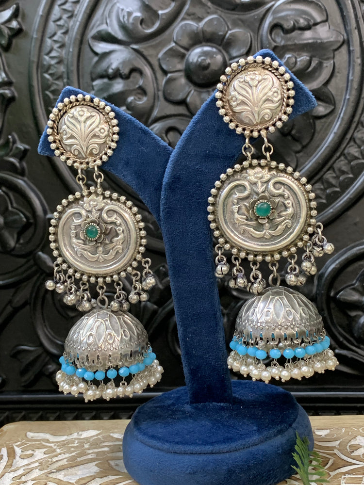 Soni black metal oxi jhumki earring teal