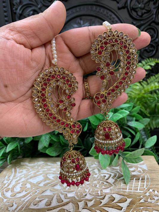 Jacklyn over the ear earring tikka jhumki sahare set cherry red