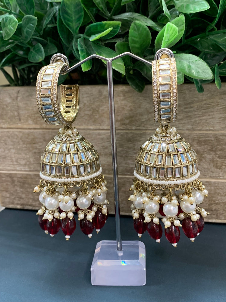 Amrita statement Mirror jhumki earring Maroon red/ burgundy