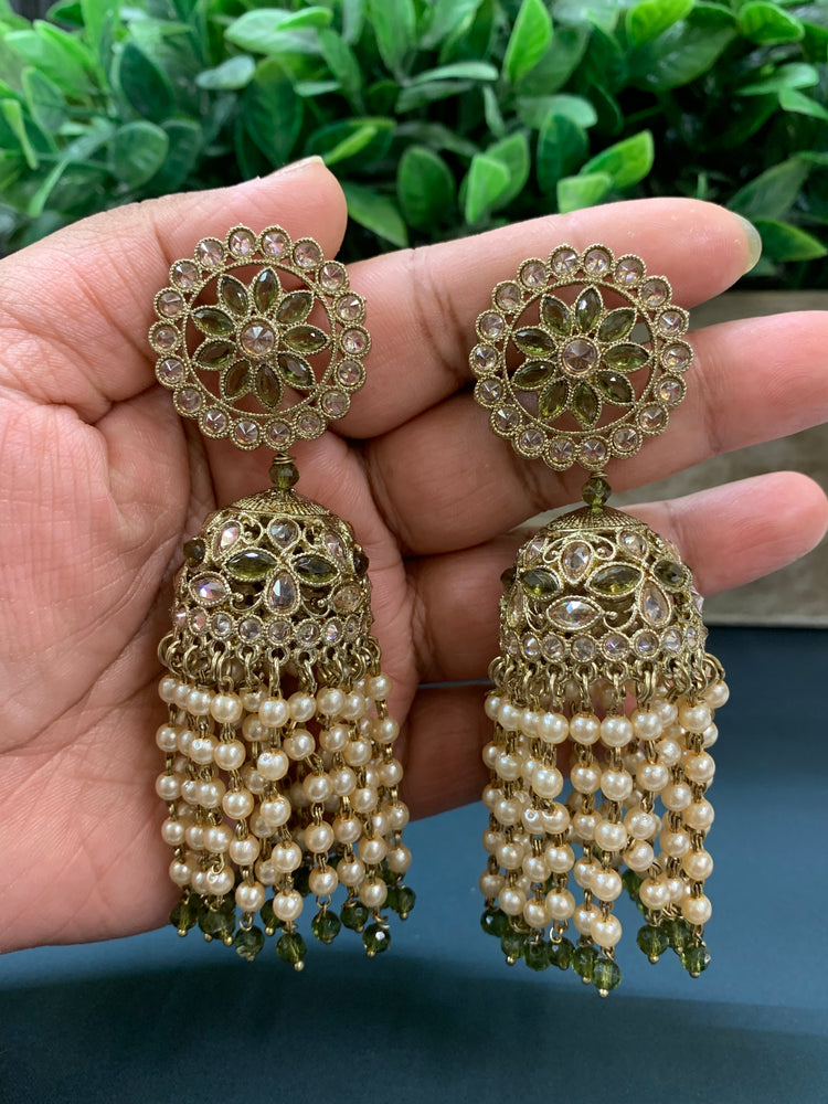 Mohua polki statement jhumki earring antique polki/mahendi/ olive green