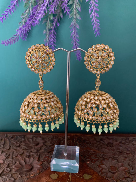 Rashi polki statement jhumki earring antique polki/ white pearl /pistachio green