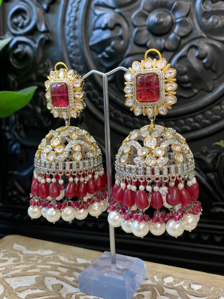 Meena kundan statement jhumka/jhumki earring red maroon burgundy